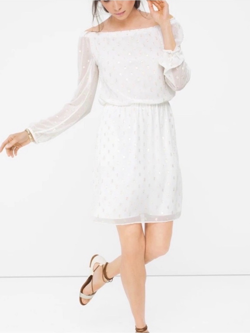 Elegant White Off-Shoulder Long-Sleeve Dress. White House Black Market